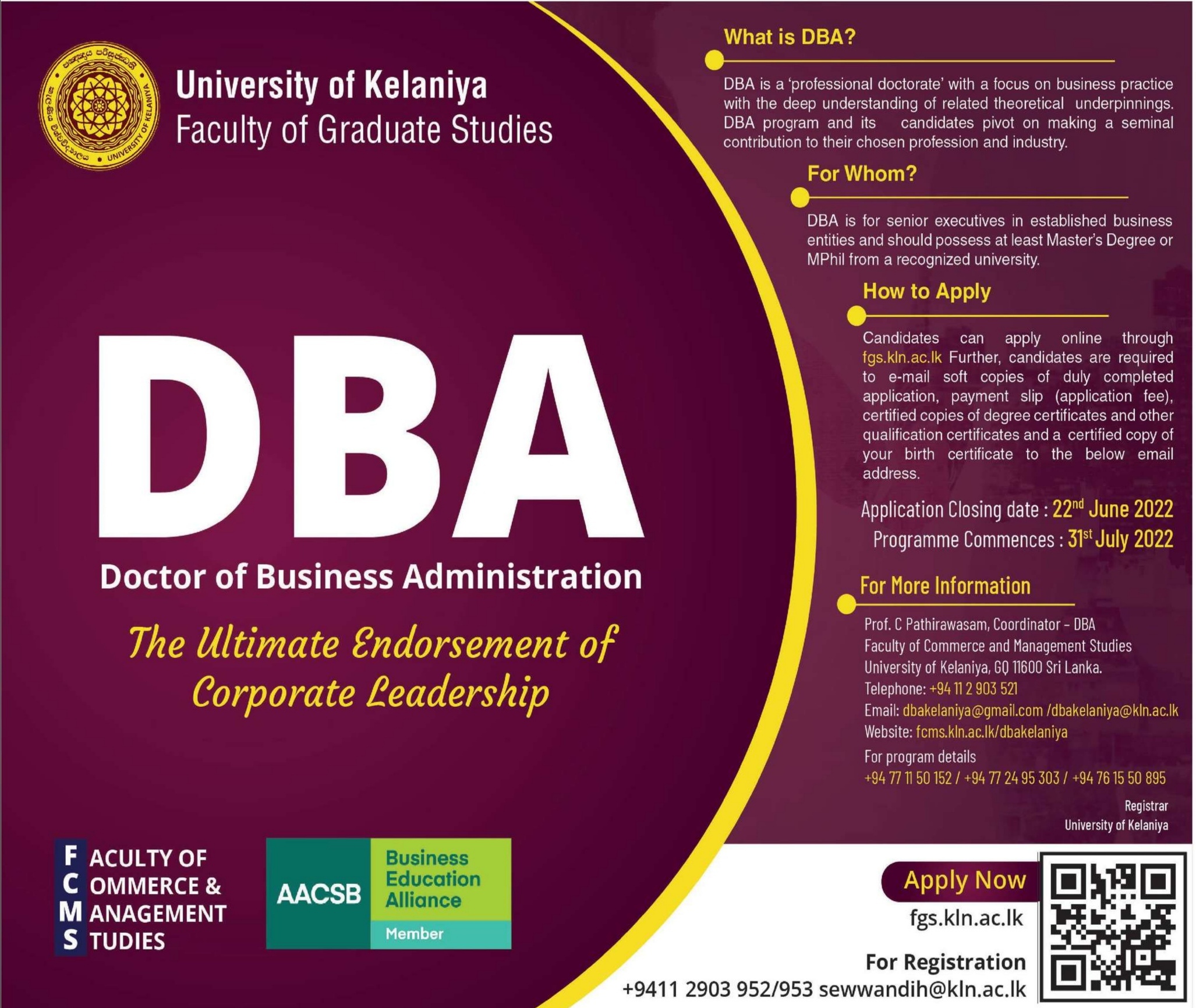 Doctor Of Business Administration Dba Degree University Of Kelaniya 